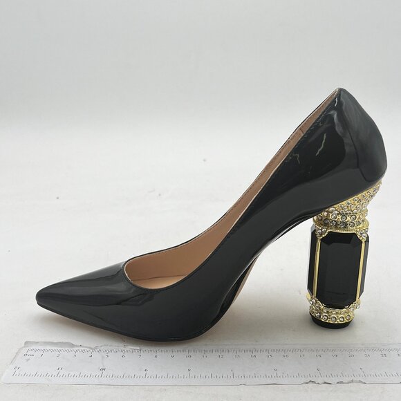 FSJ Black Bridal Pointed Toe Chunky High Heel Crystal Pumps Slip on Wedding Shoe - Picture 2 of 8